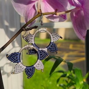 Macrame Blue-Silver Sun Inspired Earrings I Handmade