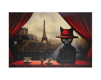 Bonjour, le Chat, Available in 110, 252, 500, and 1,014 pieces, Black Cat in Paris Jigsaw Puzzle, Family Fun Gift idea, Coffee and Breakfast