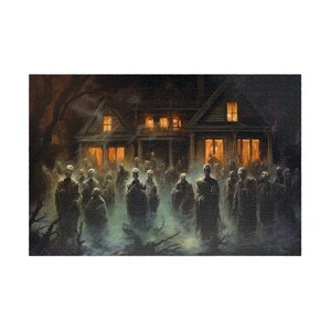 May include: A dark, foggy night scene with a large, two-story house with lit windows. A group of shadowy figures stand in front of the house, creating a spooky and mysterious atmosphere.