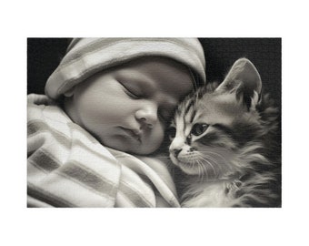 Purrfect Companions, Available in 110, 252, 500, and 1,014 pieces, Fun Black & White Jigsaw Puzzle, Challenging Gift Idea, Baby and Cat