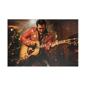 May include: A man in a red and gold sequined jacket plays a brown acoustic guitar in front of a Christmas tree. The room is decorated with Christmas lights.