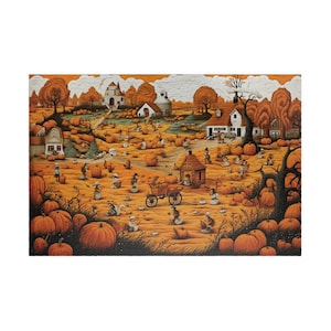 May include: A whimsical illustration of a fall harvest scene with a field of pumpkins, a small village, and people picking pumpkins. The scene is painted in warm autumn colors with a rustic charm.