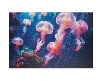 May include: A group of pink and purple jellyfish with long, trailing tentacles swim in a dark blue ocean. The jellyfish are illuminated by a light source, creating a glowing effect.