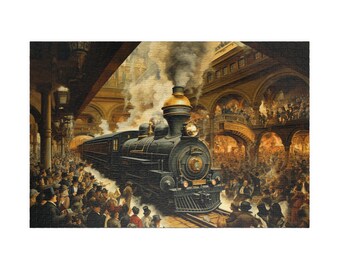 All Aboard!, Available in 110, 252, 500, and 1,014 pieces, Train Jigsaw Puzzle, Family Fun Gift Idea, 19th Century Train Station, Travel