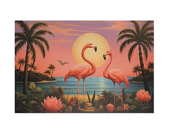 Pink Flamingos in Paradise, Available in 110, 252, 500, and 1,014 pieces, Florida Scene Jigsaw Puzzle, Challenging Family Fun, Tropical Bird