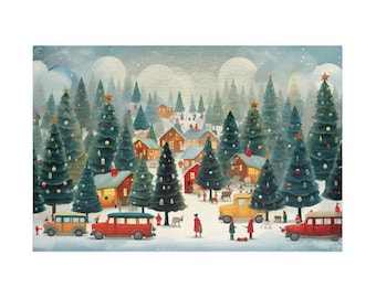 May include: A snowy winter scene with a small village nestled in a forest of decorated Christmas trees. Red and yellow buses are parked in the snow, and people are walking around the village.