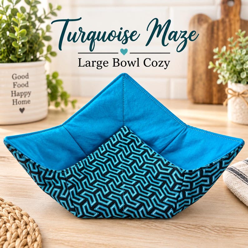 May include: A large bowl cozy featuring a black and turquoise geometric maze pattern on the exterior and a solid turquoise interior. The fabric is quilted with visible stitching, forming a square shape with four pointed corners for holding bowls.
