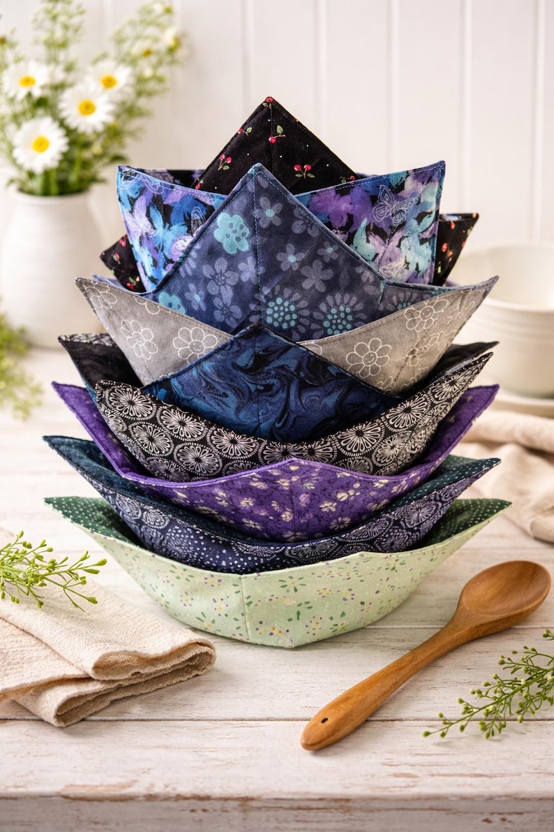 May include: A stack of eight fabric bowl cozies featuring various patterns including black with cherries, blue floral, grey with white flowers, dark blue marble, black and white geometric, purple floral, navy polka dot, and light green floral.