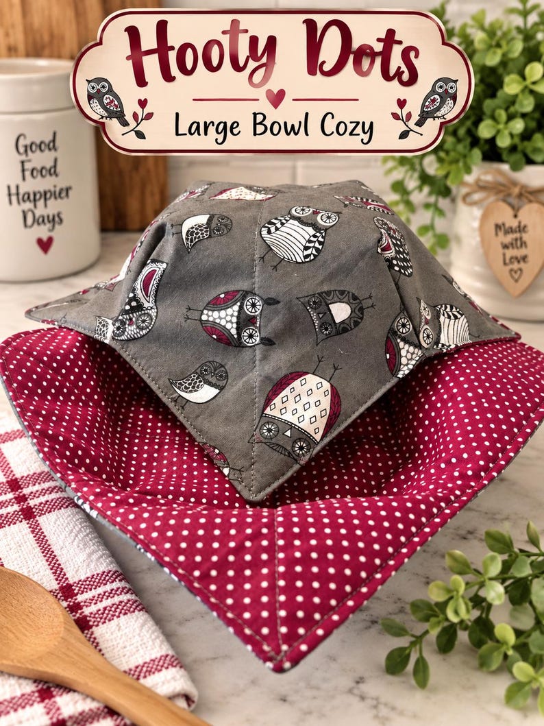 May include: A large bowl cozy featuring a gray exterior fabric with a repeating pattern of owls in black, white, and maroon. The interior fabric is a deep maroon with a white polka dot pattern. The text Hooty Dots Large Bowl Cozy is visible.