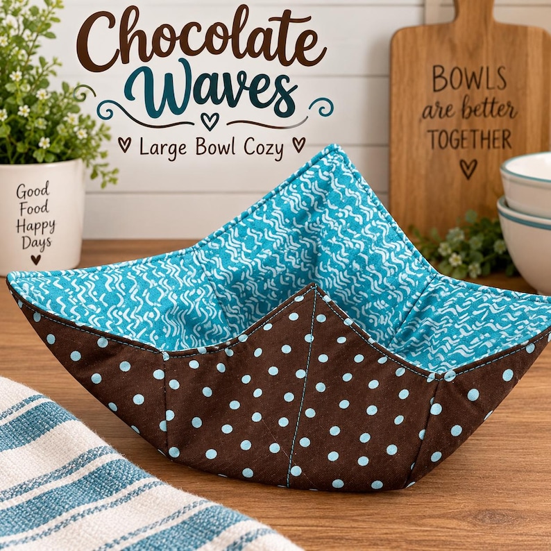 May include: A large bowl cozy featuring a dark brown exterior with light blue polka dots and a teal interior with a white wavy line pattern. The text "Chocolate Waves" and "Large Bowl Cozy" is visible above the bowl cozy in the image.