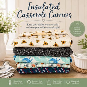 May include: A stack of five insulated casserole carriers with wooden handles. The top carrier features a sunflower pattern on a cream background. Below are carriers with black floral, blue damask, peach gingham, and geometric patterns.