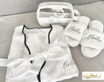 Coffret cadeau pour femmes personnalisé avec pyjama, peignoir satin, pantoufles, trousse au choix