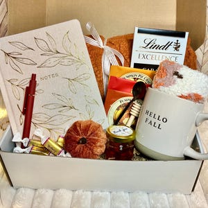 May include: A gift basket filled with fall-themed items. Includes a journal with gold leaf design, a red pen, a mug with "HELLO FALL" text, a jar of jam, chocolates, tea, a plush pumpkin, and a cozy blanket.
