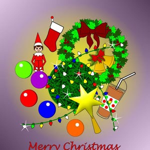 Pode incluir: Ilustração festiva de Natal com uma grinalda verde, um laço vermelho e uma estrela. A imagem também inclui um duende de desenho animado, bolas, uma meia, uma bebida e o texto "Merry Christmas".