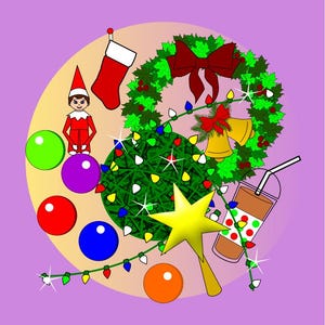 May include: A festive illustration featuring Christmas elements. Includes a green wreath with a red bow, a Christmas tree, a gold star, colorful ornaments, a red stocking, a cartoon elf, and a drink with a straw.