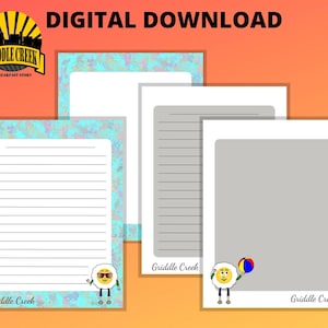 Puede incluir: Descarga digital de papelería con el logotipo de Griddle Creek y un personaje de huevo. La papelería incluye páginas rayadas y en blanco con un borde colorido. La parte superior de la imagen dice "DESCARGA DIGITAL".