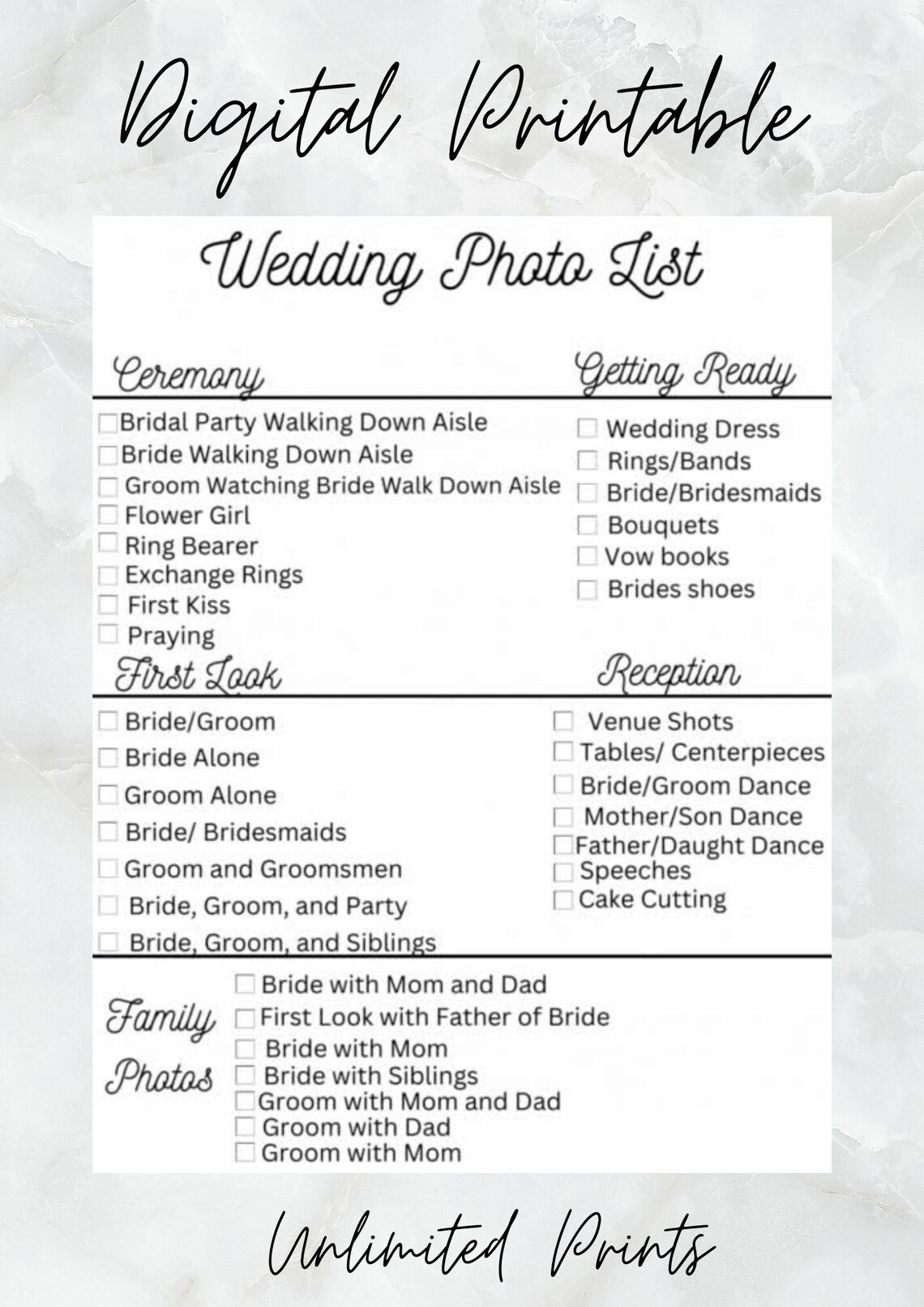 Wedding Photo List Wedding Photo Printable Wedding Checklist Wedding Photo List Wedding ...