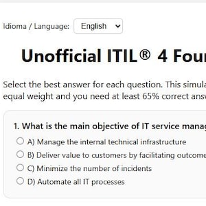 Peut inclure: Un écran blanc affiche le texte "Unofficial ITIL® 4 Foundation Practice Simulator - Vol 1." L'écran présente des questions à choix multiples sur la gestion des services informatiques, avec des options pour sélectionner la meilleure réponse. Un chronomètre affiche 59:51 restant.