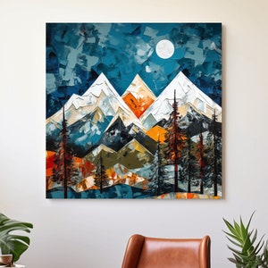 Bold thick impasto oil painting, trees and snow capped mountains - Canvas print wrapped on pine frame