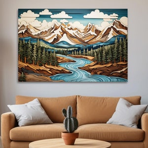Oeuvre d'art de style intarsia représentant un paysage de montagne, de rivière et de forêt - Impression sur toile enveloppée dans un cadre en pin