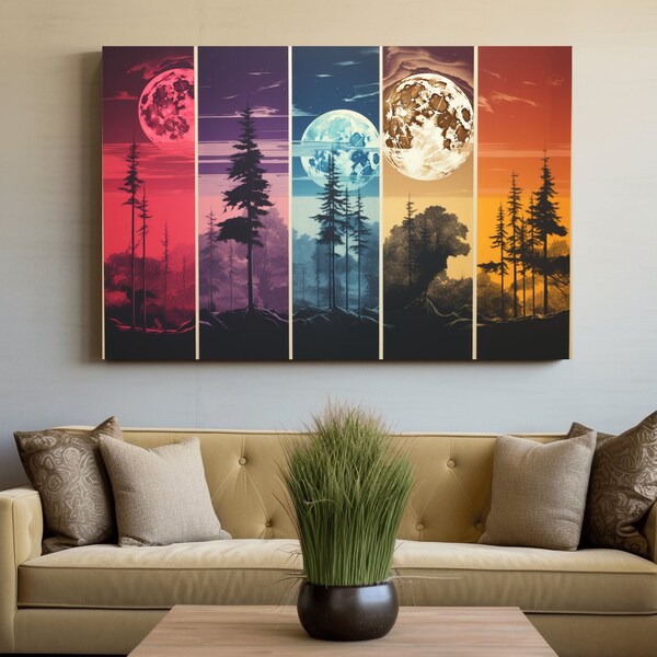 Multipanel colorful treeline under the moonlit sky - Canvas print wrapped on pine frame