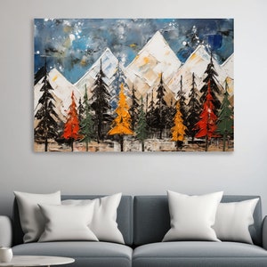 Thick abstract oil painting print, treeline by the mountains - Canvas print wrapped on pine frame