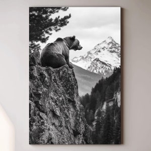 Grizzly bear taking in a mountain view, photographic wildlife wall art - Canvas print wrapped on pine frame