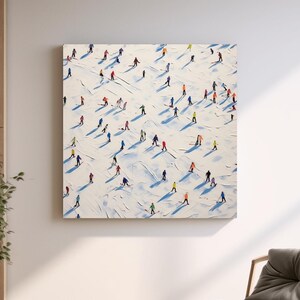 Tiny Skiers On Snowy Slopes - Modern Winter Sports Painting Wall Art - Canvas print wrapped on pine frame