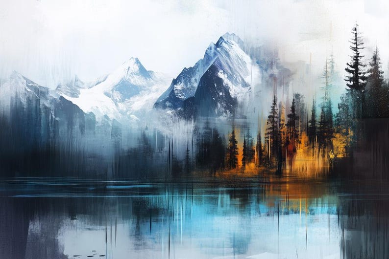 Abstract Mountain Painting Wall Art, Glacier, Lake and Forest Canvas