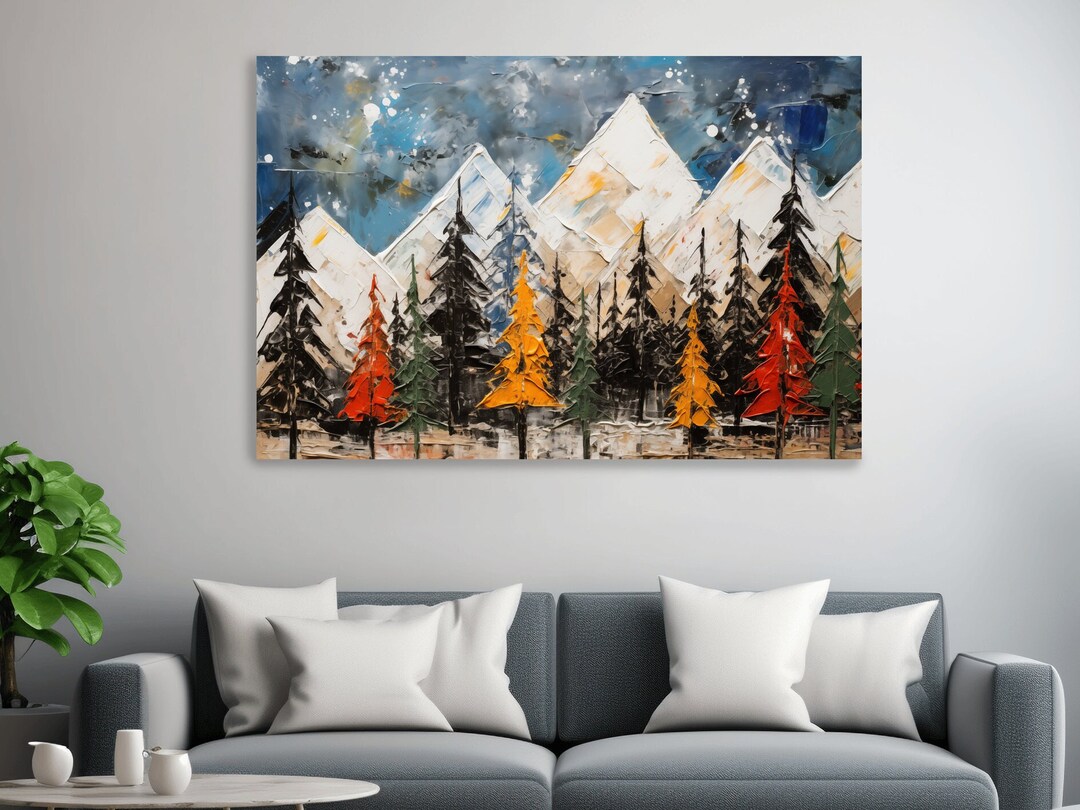 Thick Abstract Oil Painting Print, Treeline by the Mountains - Canvas ...