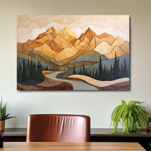 Wood Intarsia Mountain Landscape - Warm Earth Tone Alpine Forest Wall Art - Canvas print wrapped on pine frame