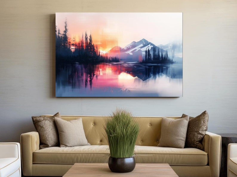 Textured Painting Wall Art, Sunset Over Alpine Mountains, Lake and