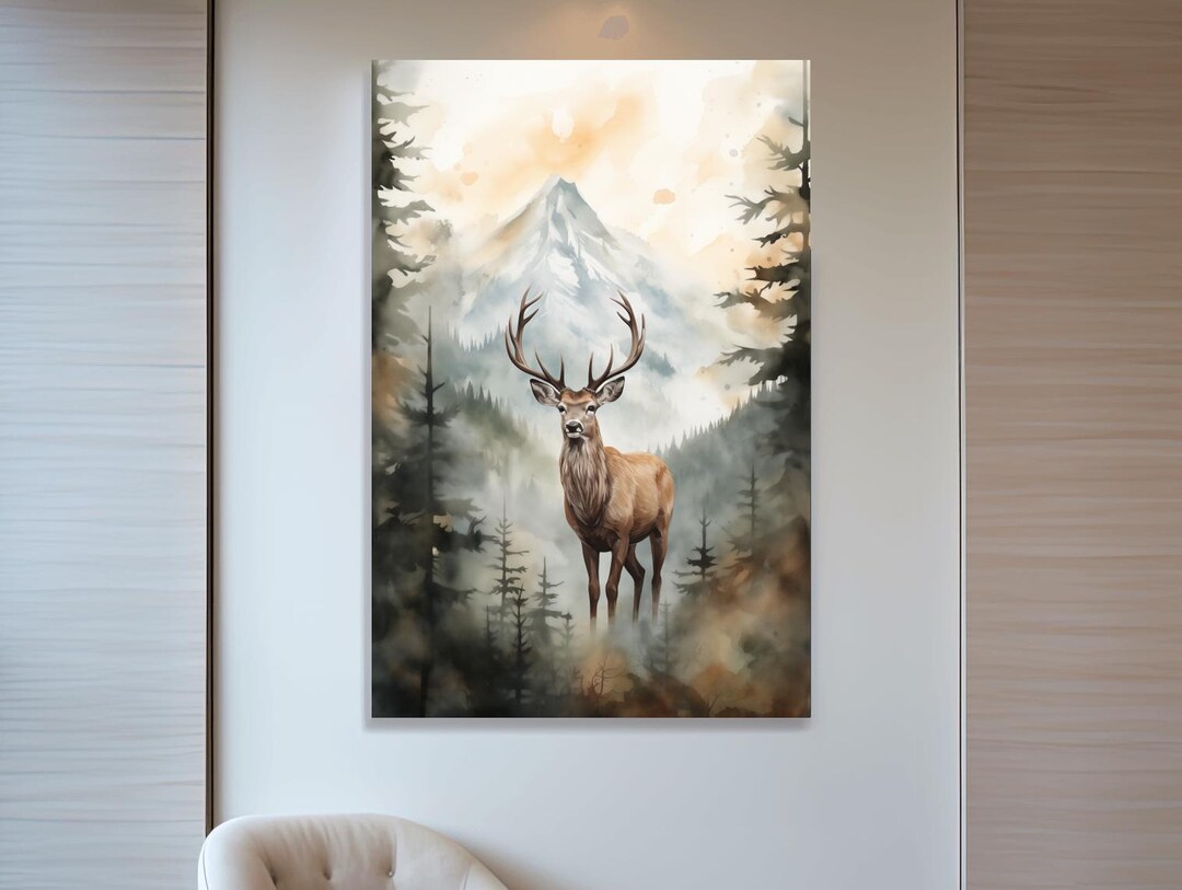 Watercolour Painting of a Deer Standing in a Misty Forest - Canvas ...
