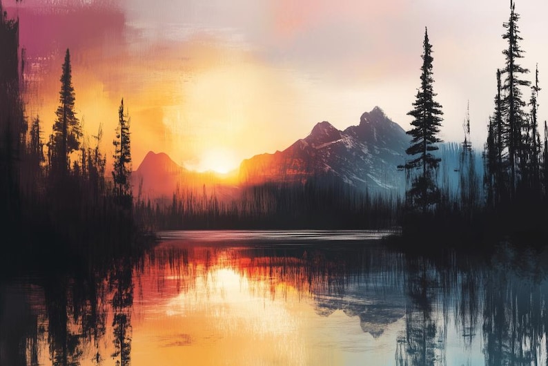 Abstract Mountain Art Painting, Sunset Over a Lake and Forest Canvas