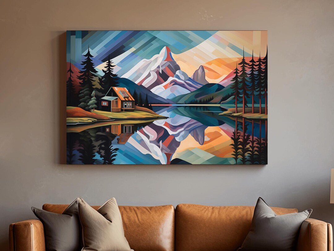 Mountain Cabin by the Lake Canvas Print - Abstract Oil Painting Sunset ...