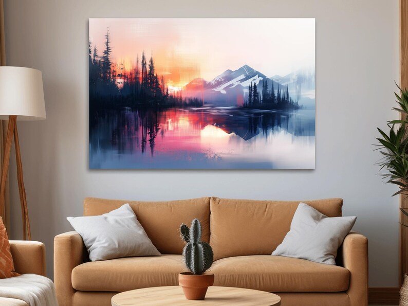 Textured Painting Wall Art, Sunset Over Alpine Mountains, Lake and