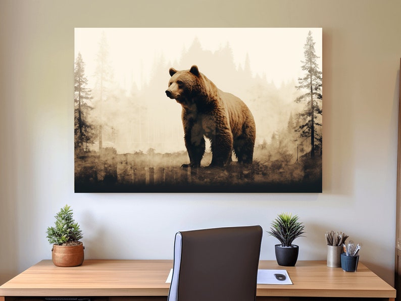 Grizzly Bear in the Forest, Double Exposure Sepia Photography Artwork ...