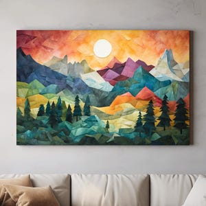 Oeuvre d'art abstraite coucher de soleil sur les montagnes - Art mural mosaïque en patchwork vibrant - Impression sur toile enveloppée dans un cadre en pin