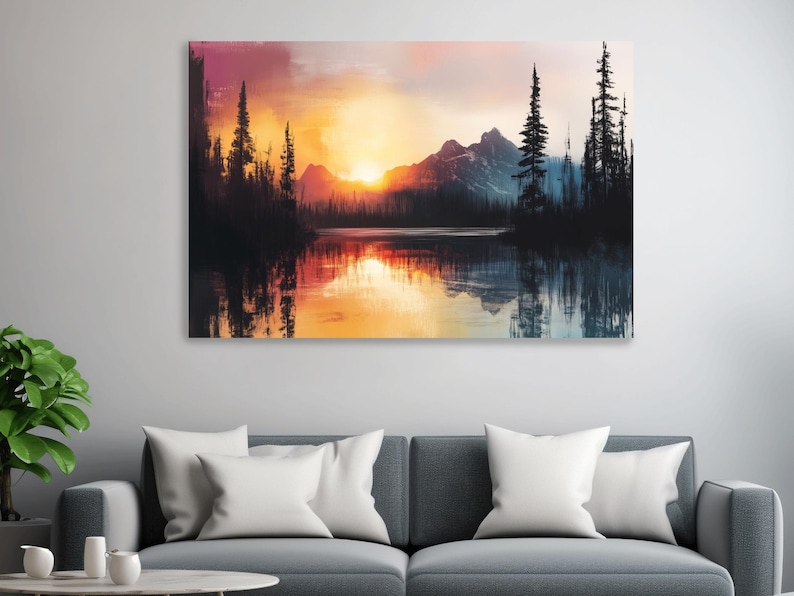 Abstract Mountain Art Painting, Sunset Over a Lake and Forest Canvas
