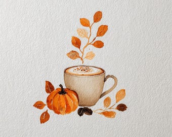 Set di clipart di spezie di zucca, tazza da caffè autunnale con foglie autunnali, PNG acquerello per sublimazione, magliette e bicchieri
