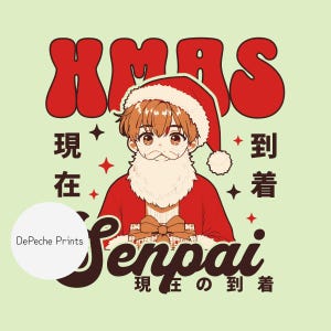 May include: A festive illustration of a character dressed as Santa Claus with a white beard and a red Santa hat. The word "XMAS" is above the character, and the word "Senpai" is below. Japanese text is also included.