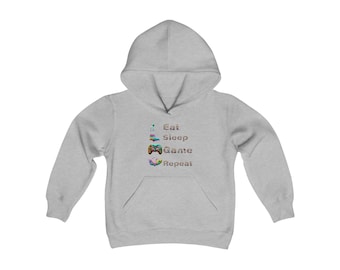 Eat, Sleep, Game, Repeat Jugend Kinder schwere Mischung mit Kapuze Sweatshirt / Hoodie
