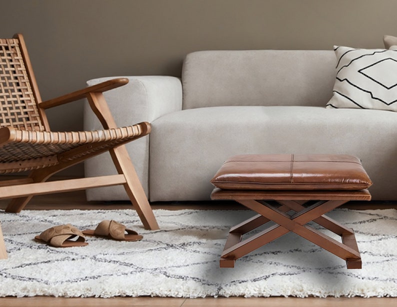 18 Tall Ottoman Hassocks, Stunning Pair of 02 Leather Stools Solid Wood