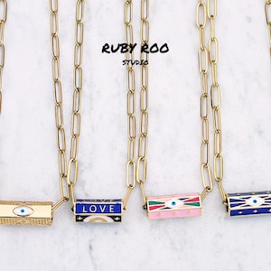 Evil Eye Third Eye Cylindrical Talisman Necklace Gold Plated Paper Clip Chain Layering Necklace, Barrel Necklace, Gifts for Her