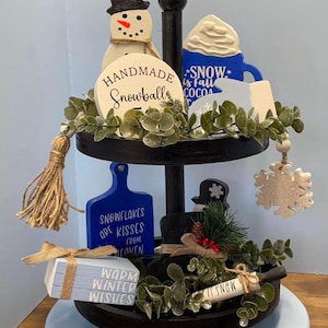 Winter Tiered Tray Decor Set: Snowman, Cocoa, Snowballs (10 pc Bundle)