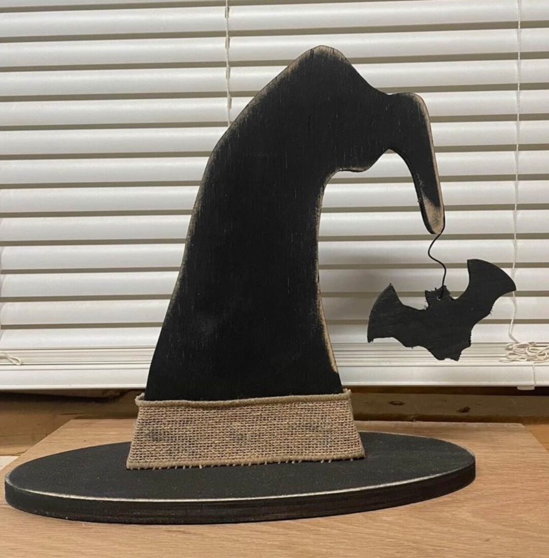 Wooden Witch Hat Decor Wooden Witch Hat With Bat or Spider Witch Hat Shelf Sitter Halloween ...
