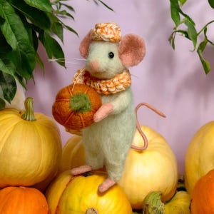 Needle Felted Little Mouse Pip Cute Toy Waldorf inspired Sweet Stuffed Animal Autumn Elf with pumpkin, Collectible Dressed Figurine