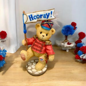 Cherished Teddies Lanny Bear | Enesco Collectible Bear Figurines Teddy Bears Vintage 1999 | Cute Teddy Bear with Flag Marching Parade