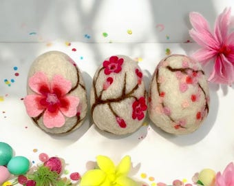 Needle Felted Easter Egg: Handmade Wool Cherry Blossom Decor - Easter Gift, Happy Easter Day, Handmade Flowers Eggs