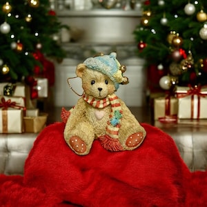 CHERISHED TEDDIES by ENESCO, Annual Ornaments Hand Painted Stone Resin Teddy Bear Figurines - Little Bear in hat and scarf Christmas Decor